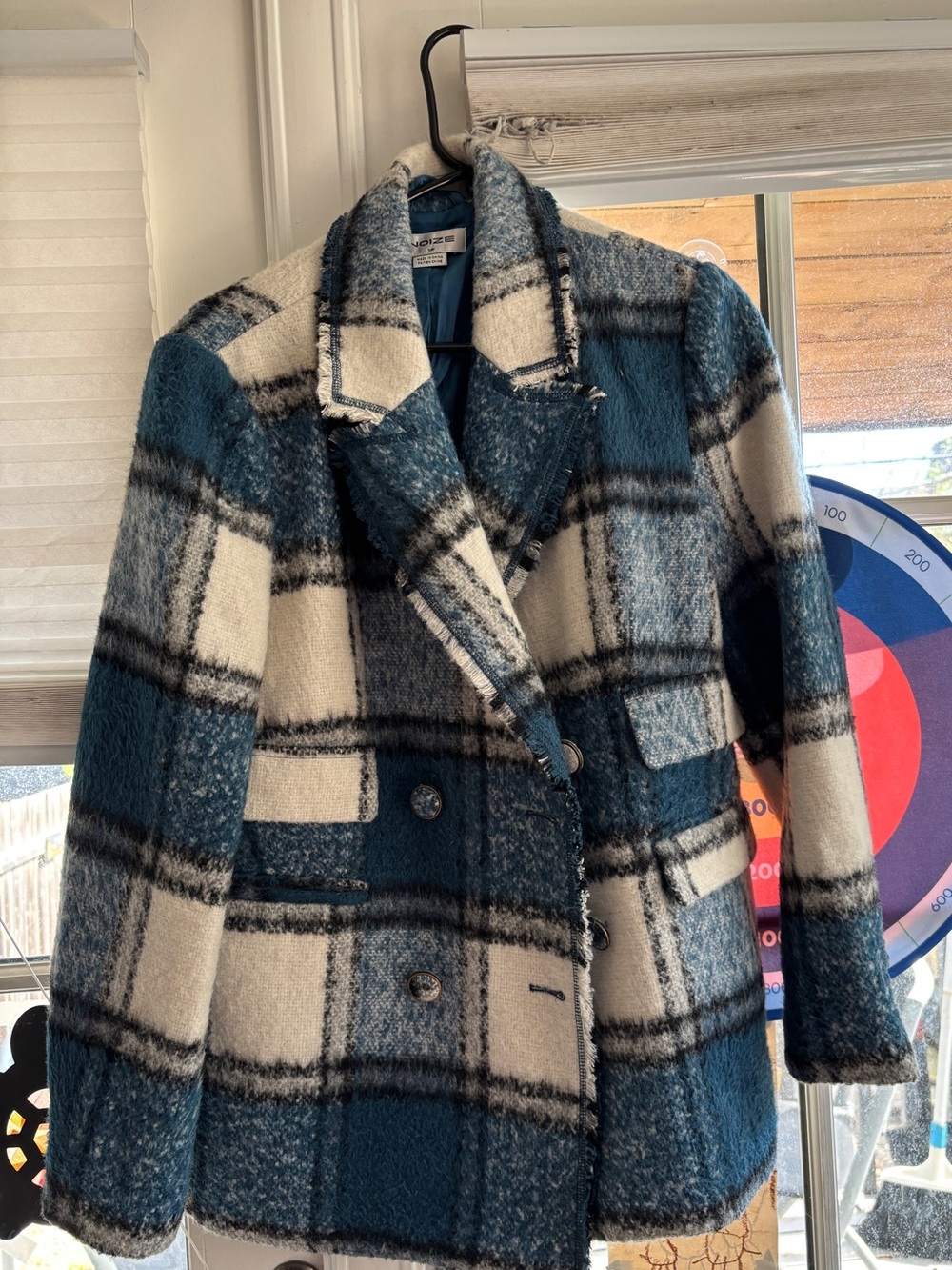 Noize Blue & Cream Plaid Double-Breasted Pea Coat